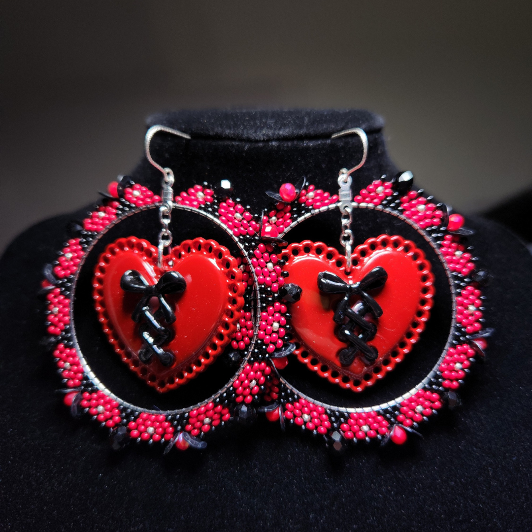 Tied With A Bow - Red & Black Hoop Earrings